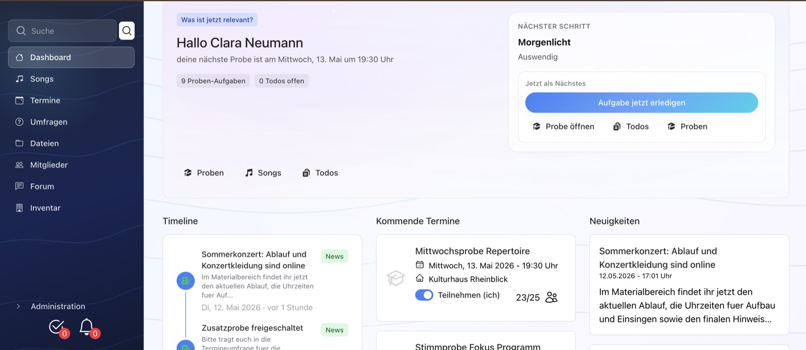 Syncanto Dashboard mit Terminen, Aufgaben, Songs und Kommunikation