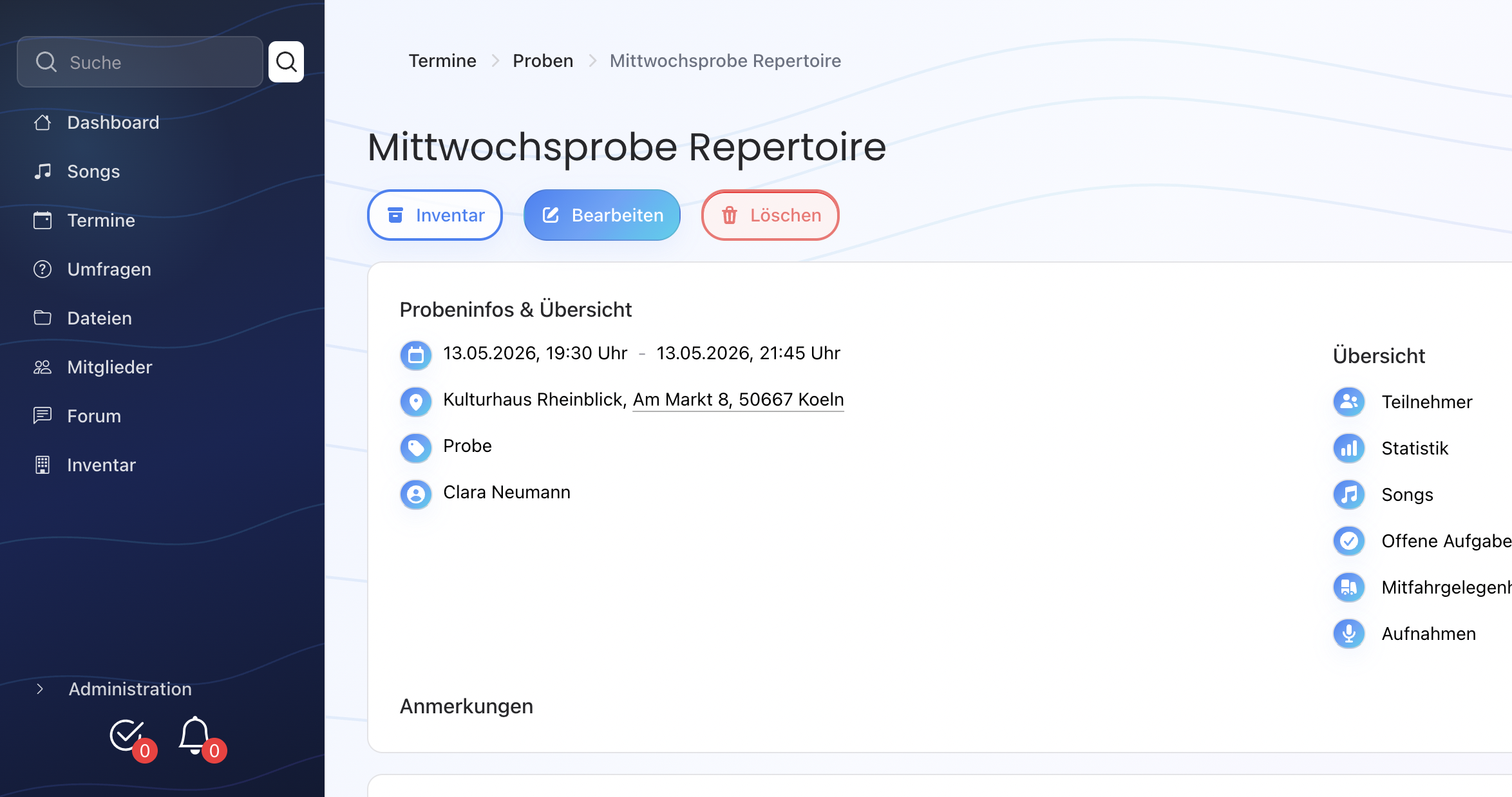 Syncanto Probe-Übersicht mit Termin, Ablauf, Songs und Materialien