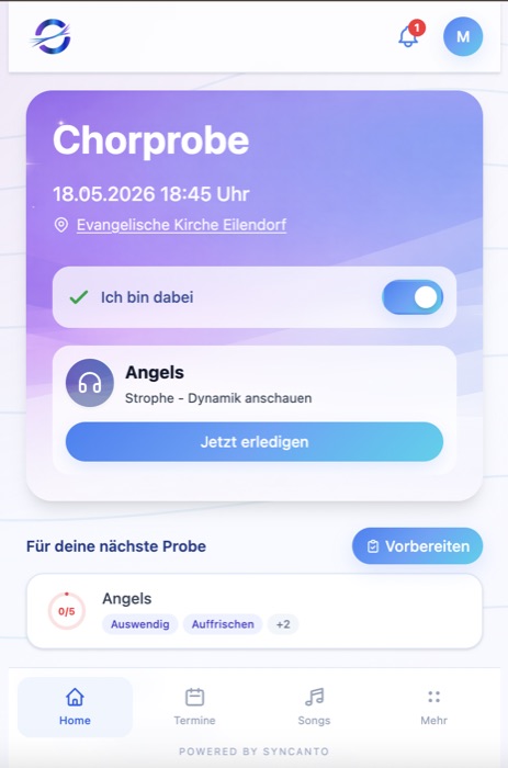 Syncanto App mit Aufgaben für die kommende Probe
