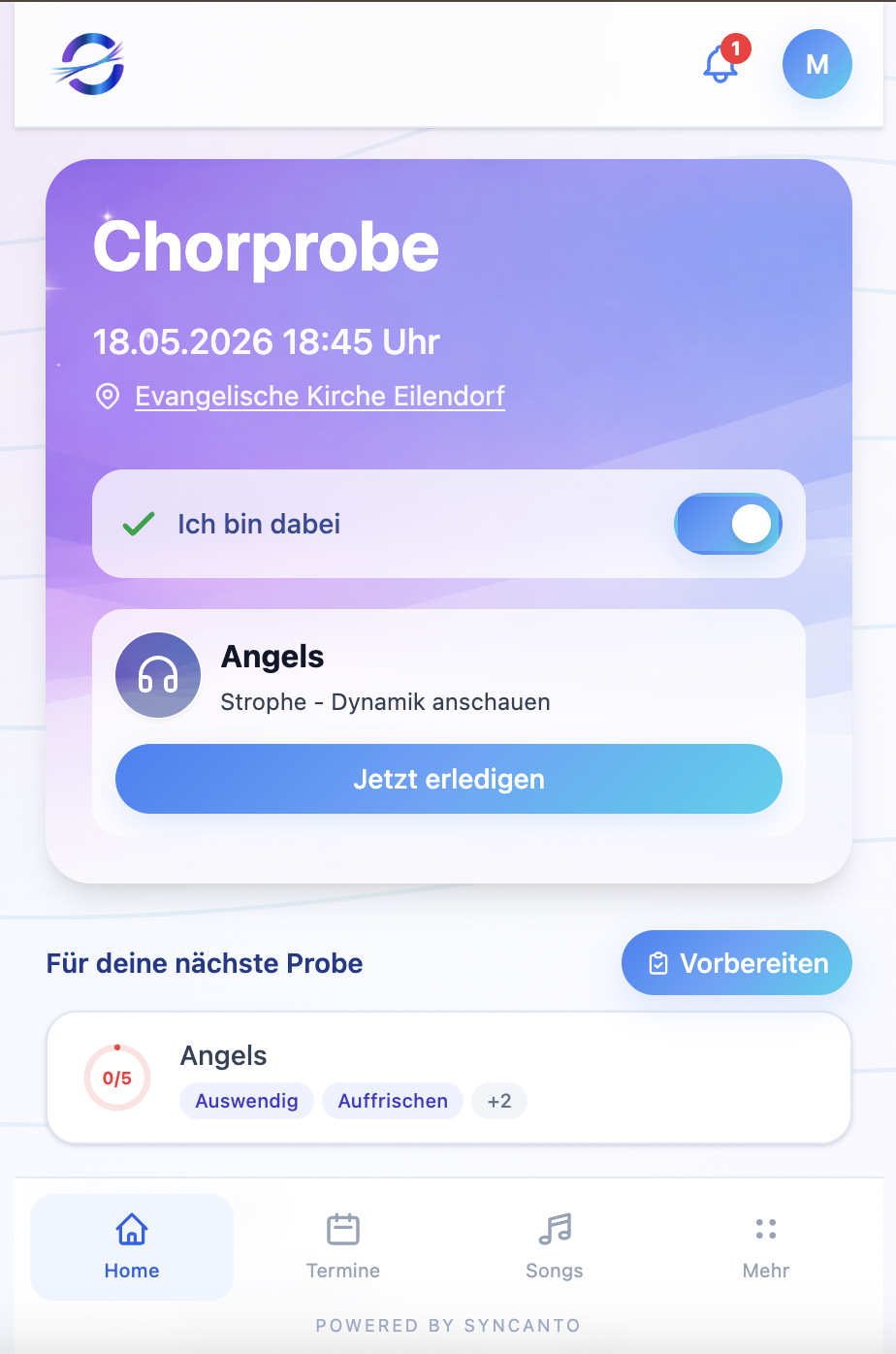 Syncanto App mit Aufgaben für die kommende Probe